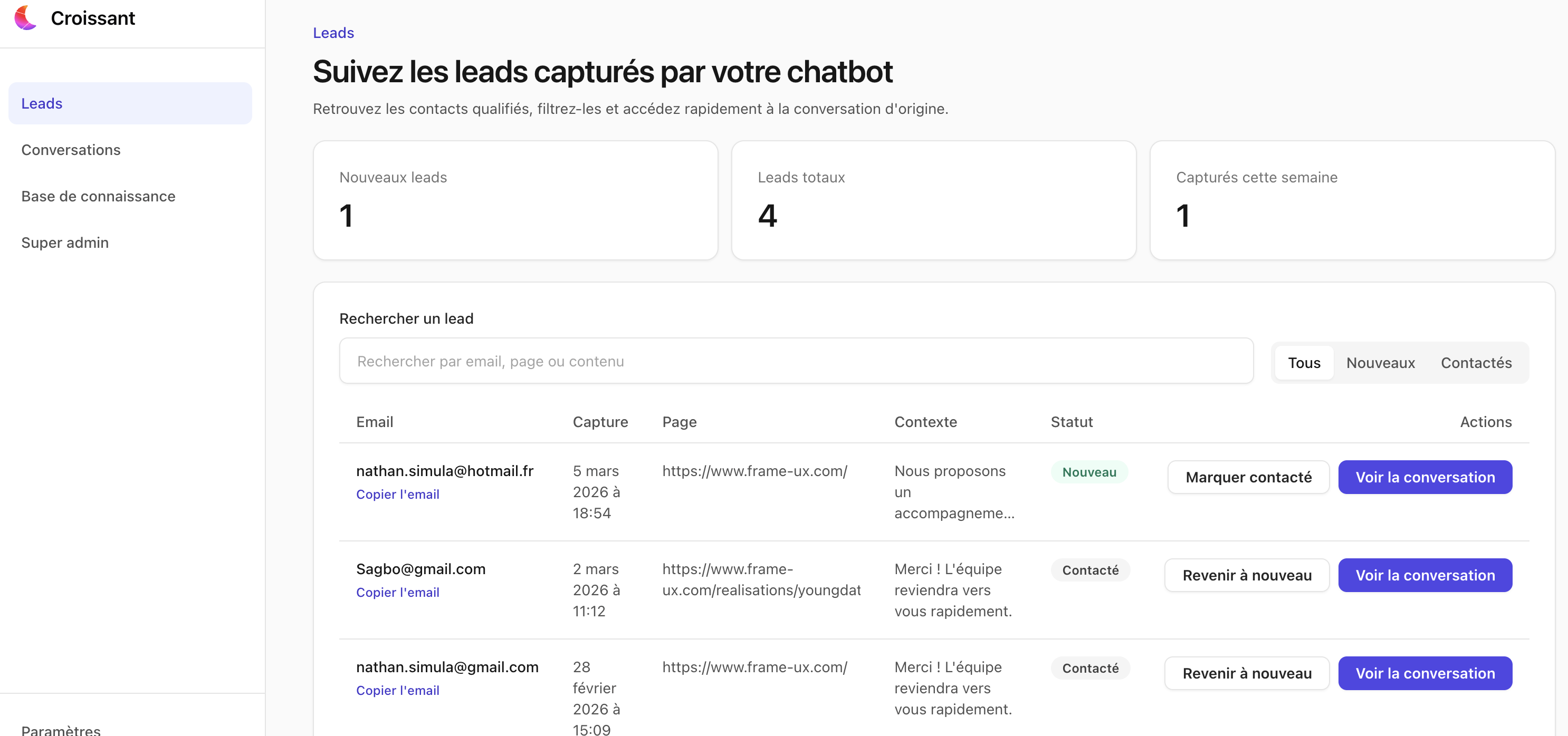 Croissant dashboard preview showing live conversations and lead list